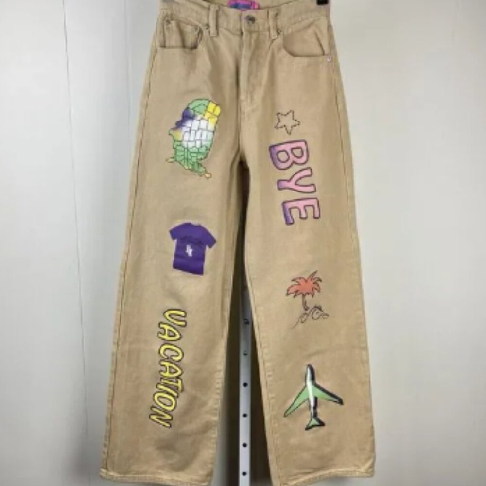 Edikted‎ Wide Leg Jeans Pants Womens XS Tan Vacation Travel Graphic Print